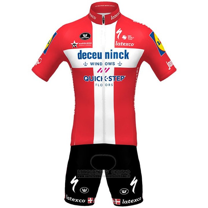 2021 Abbigliamento Ciclismo Deceuninck Quick Step Campione Danimarca Manica Corta e Salopette